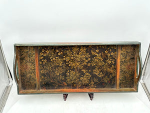 Wooden Floral Motif Glass Bottom 2 Handled Tray