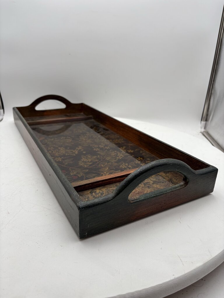 Wooden Floral Motif Glass Bottom 2 Handled Tray