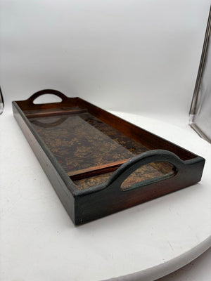 Wooden Floral Motif Glass Bottom 2 Handled Tray