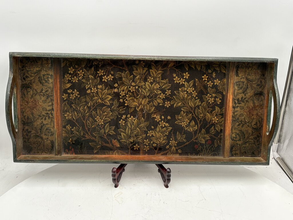 Wooden Floral Motif Glass Bottom 2 Handled Tray