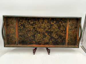 Wooden Floral Motif Glass Bottom 2 Handled Tray
