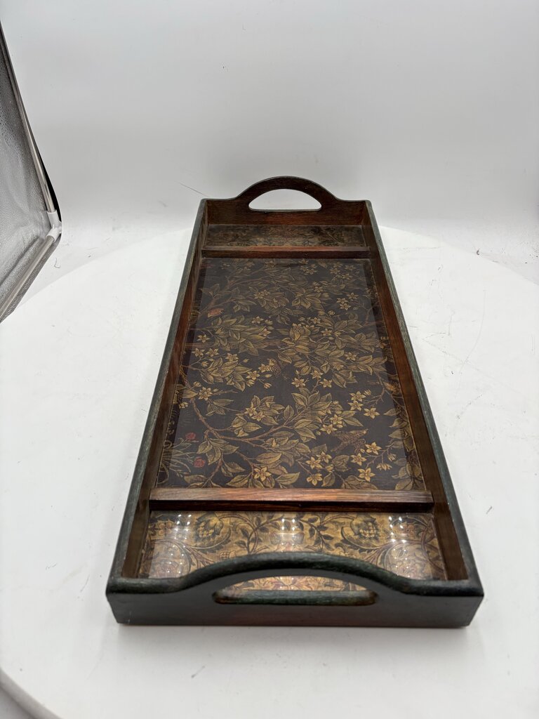 Wooden Floral Motif Glass Bottom 2 Handled Tray