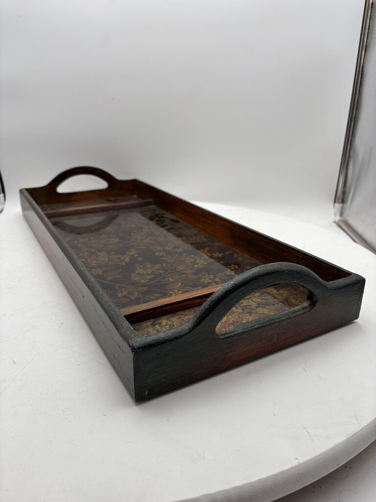 Wooden Floral Motif Glass Bottom 2 Handled Tray