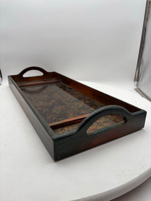 Wooden Floral Motif Glass Bottom 2 Handled Tray