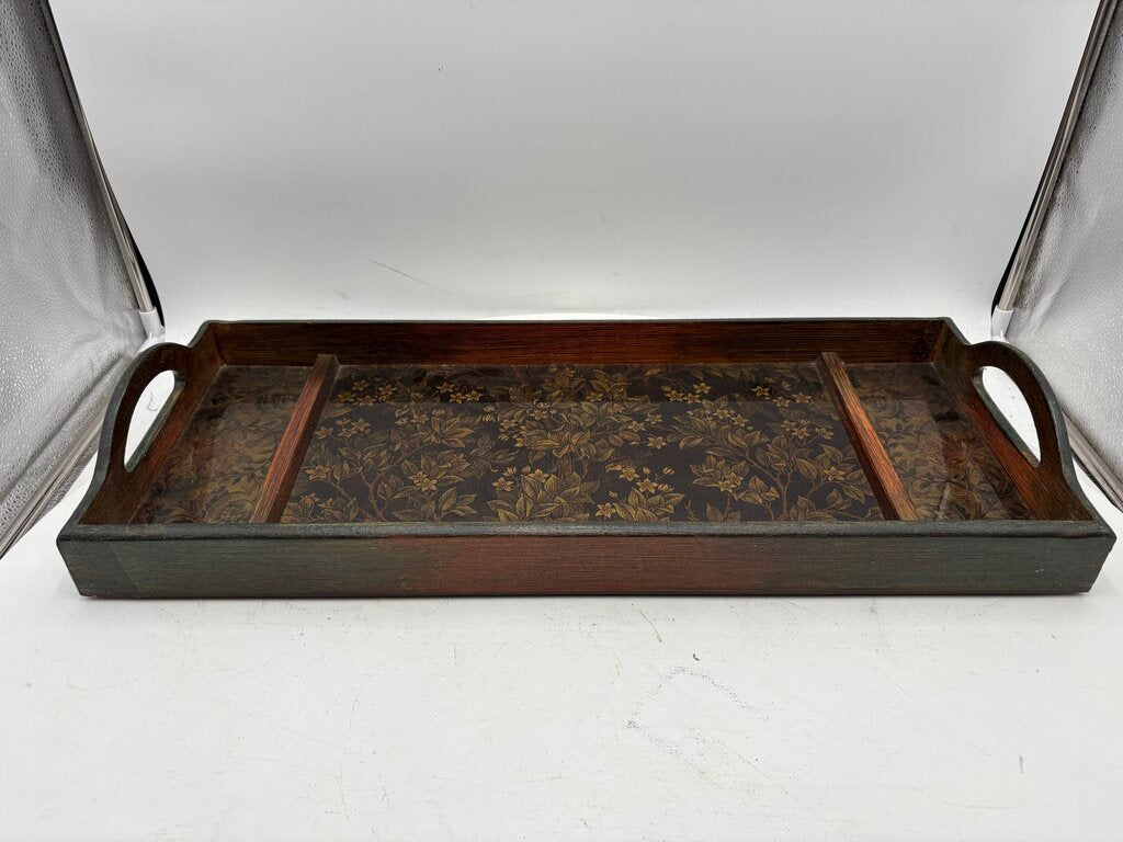 Wooden Floral Motif Glass Bottom 2 Handled Tray