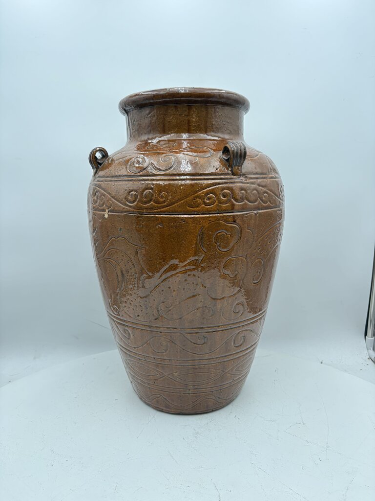 Asian Style Dragon Motif Brown Glazed Terracotta Vase