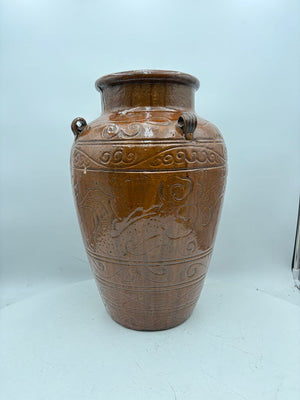 Asian Style Dragon Motif Brown Glazed Terracotta Vase