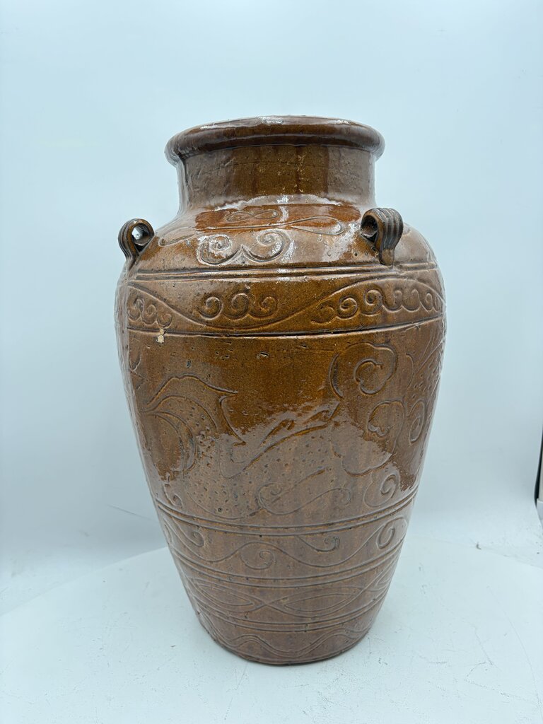 Asian Style Dragon Motif Brown Glazed Terracotta Vase