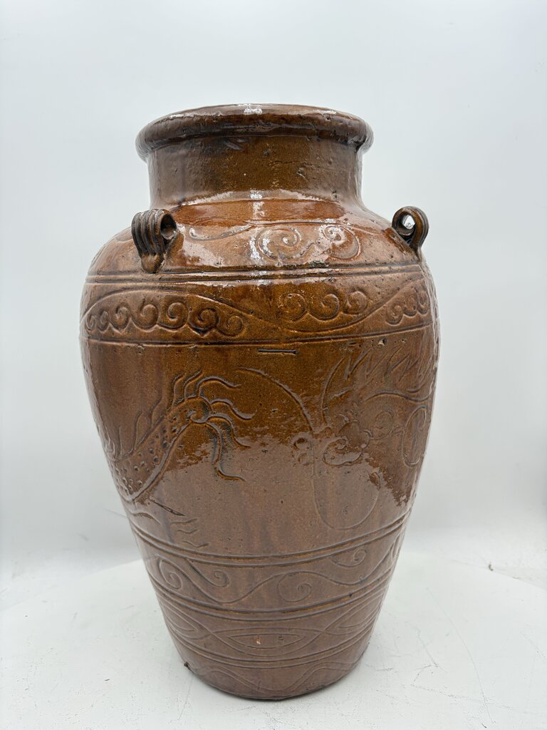 Asian Style Dragon Motif Brown Glazed Terracotta Vase