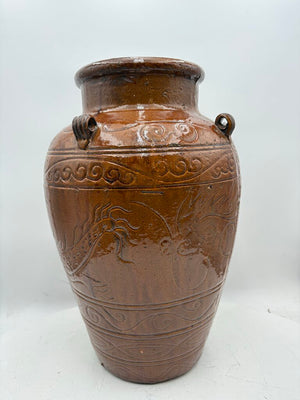 Asian Style Dragon Motif Brown Glazed Terracotta Vase