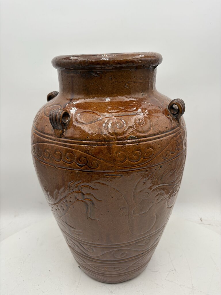 Asian Style Dragon Motif Brown Glazed Terracotta Vase