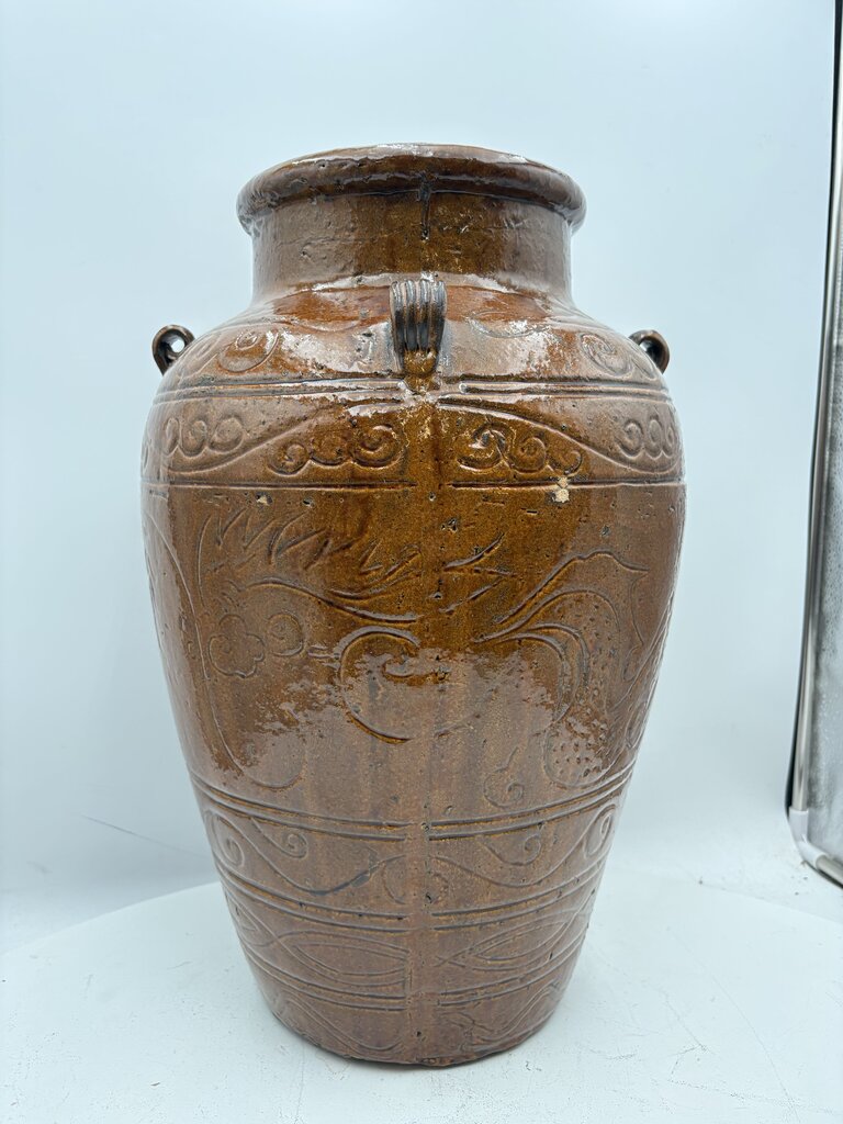 Asian Style Dragon Motif Brown Glazed Terracotta Vase