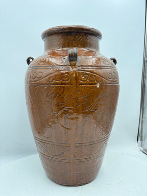 Asian Style Dragon Motif Brown Glazed Terracotta Vase