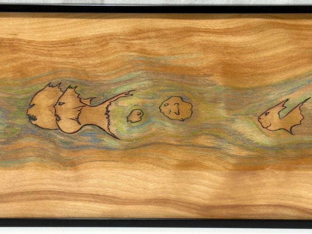 Stained Wood Fish Motif Folk Art Wood Burnt Drawings