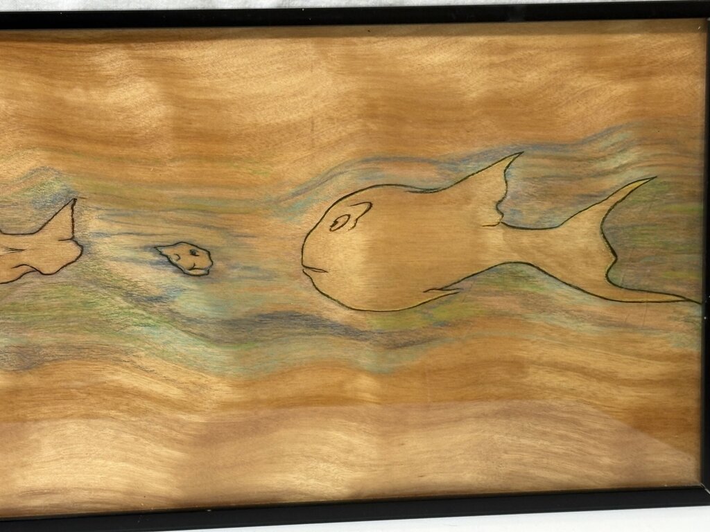 Stained Wood Fish Motif Folk Art Wood Burnt Drawings