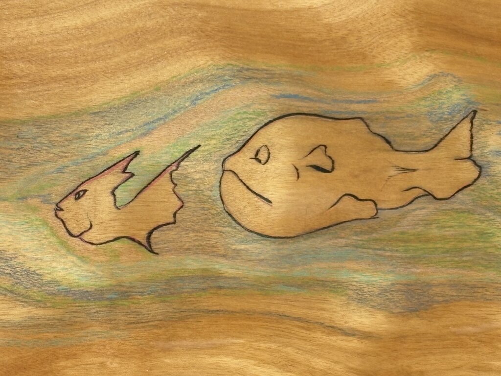 Stained Wood Fish Motif Folk Art Wood Burnt Drawings