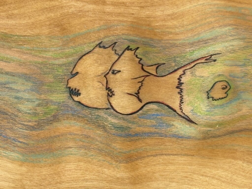 Stained Wood Fish Motif Folk Art Wood Burnt Drawings