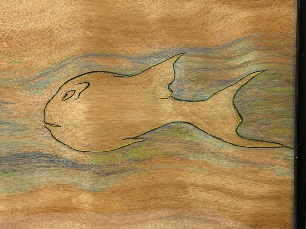 Stained Wood Fish Motif Folk Art Wood Burnt Drawings