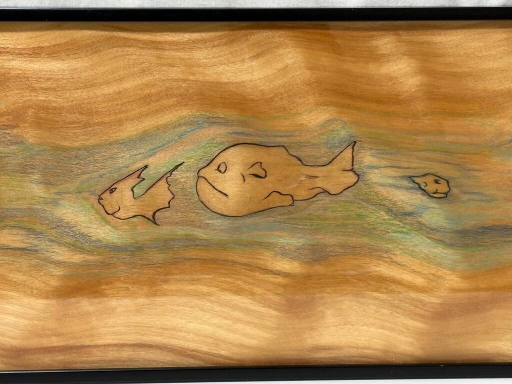 Stained Wood Fish Motif Folk Art Wood Burnt Drawings
