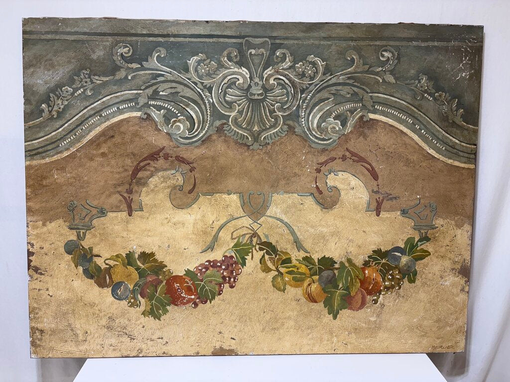 19th C. French Chateaux Style by Mercier Painted Canvas Decorative Panel Section