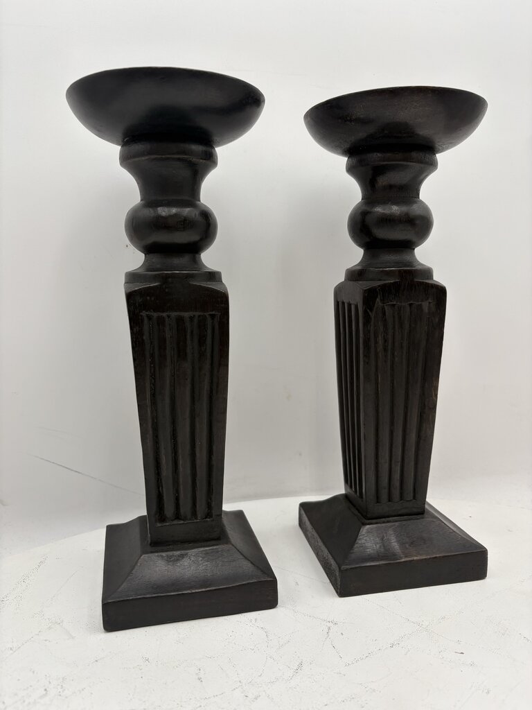 Black Carved Wooden Obelisque Style Candle Holder (PAIR)