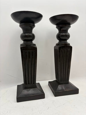 Black Carved Wooden Obelisque Style Candle Holder (PAIR)