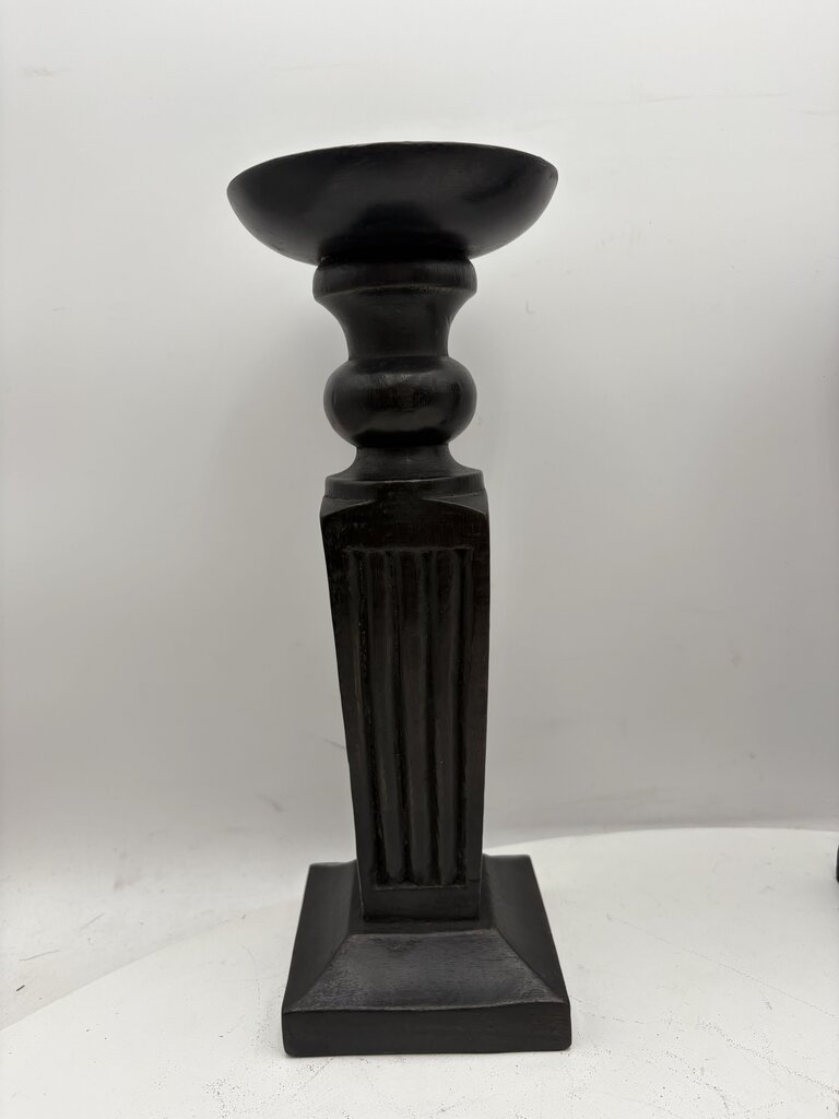 Black Carved Wooden Obelisque Style Candle Holder (PAIR)
