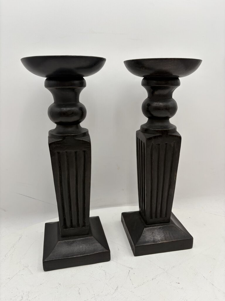 Black Carved Wooden Obelisque Style Candle Holder (PAIR)