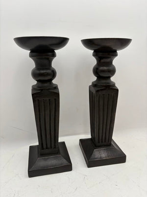 Black Carved Wooden Obelisque Style Candle Holder (PAIR)