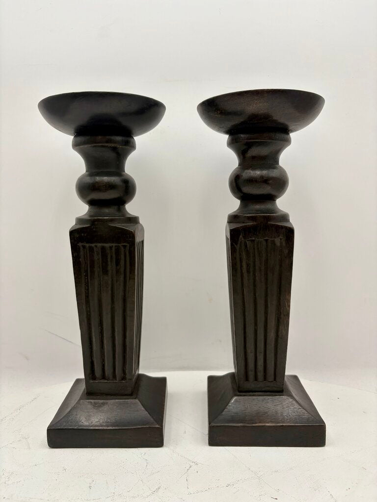 Black Carved Wooden Obelisque Style Candle Holder (PAIR)