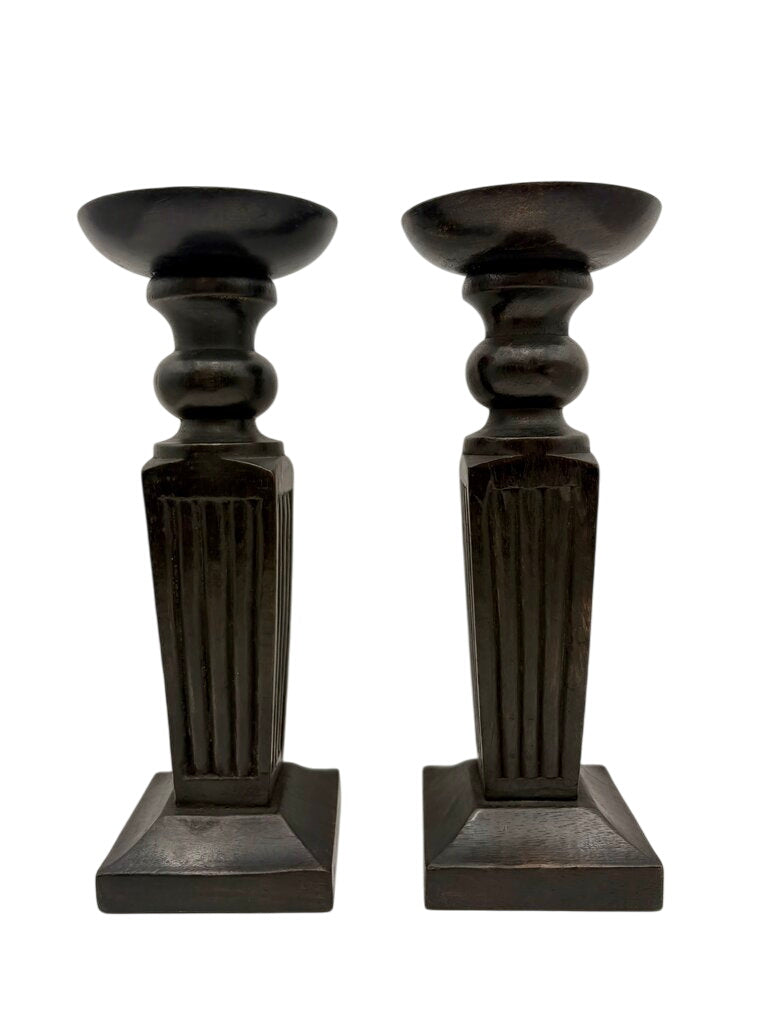Black Carved Wooden Obelisque Style Candle Holder (PAIR) by Miss Daisy's Consignment & Auction House