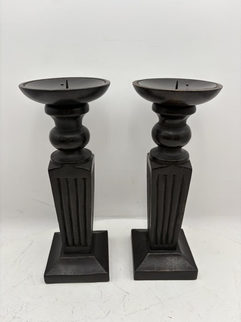 Black Carved Wooden Obelisque Style Candle Holder (PAIR)