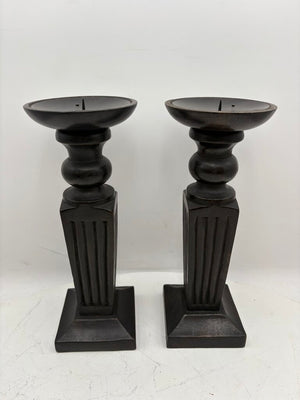 Black Carved Wooden Obelisque Style Candle Holder (PAIR)