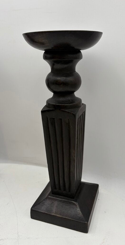 Black Carved Wooden Obelisque Style Candle Holder (PAIR)