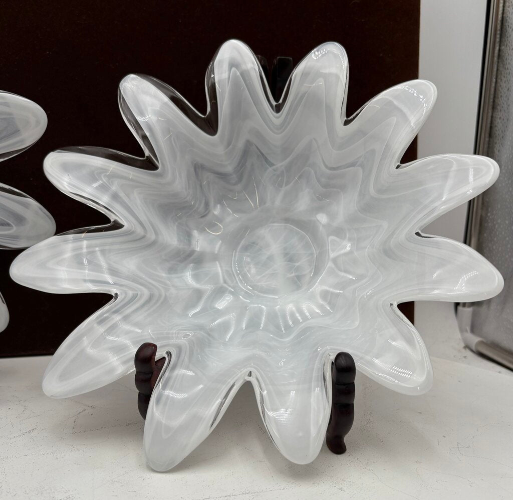 Murano Style White Latichino Molded Bottom Blown Glass Flower Bowl 11"