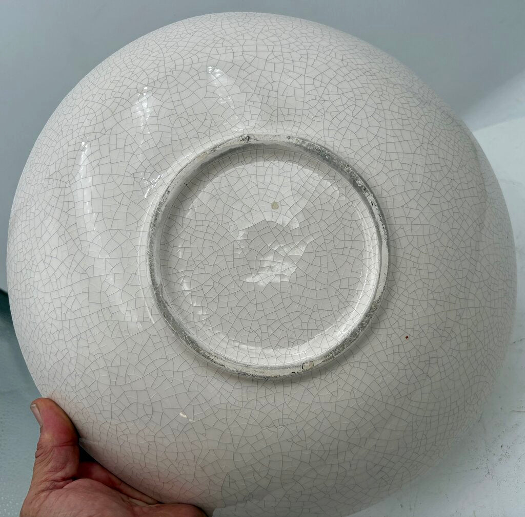 Italian Style White Crackle Glaze Torchon Handled Decorative Bowl 14"