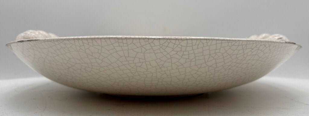 Italian Style White Crackle Glaze Torchon Handled Decorative Bowl 14"