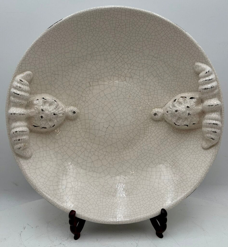 Italian Style White Crackle Glaze Torchon Handled Decorative Bowl 14"