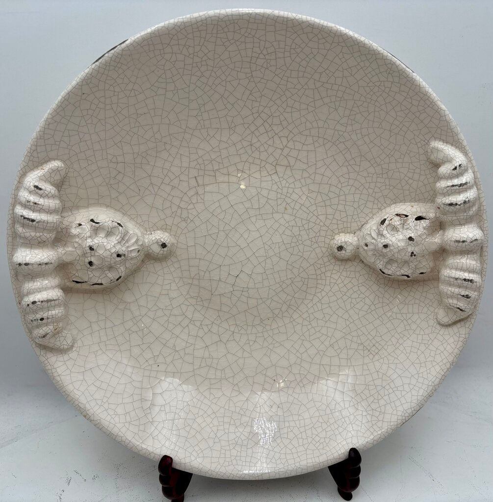 Italian Style White Crackle Glaze Torchon Handled Decorative Bowl 14"