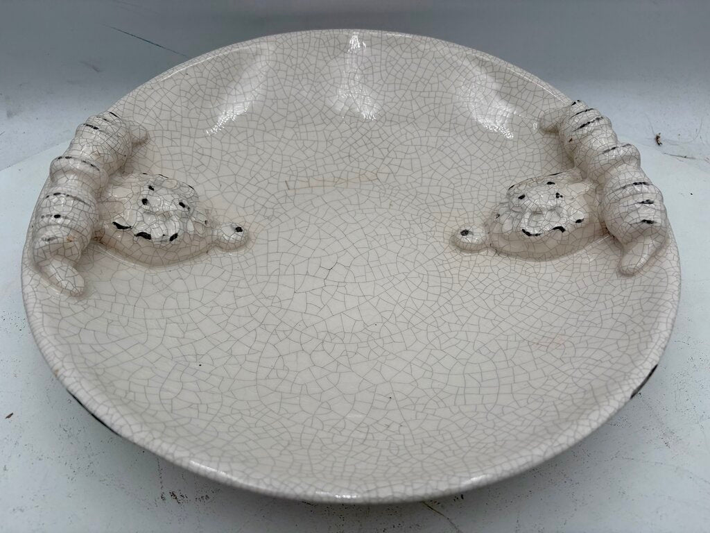 Italian Style White Crackle Glaze Torchon Handled Decorative Bowl 14"