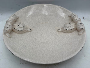 Italian Style White Crackle Glaze Torchon Handled Decorative Bowl 14"