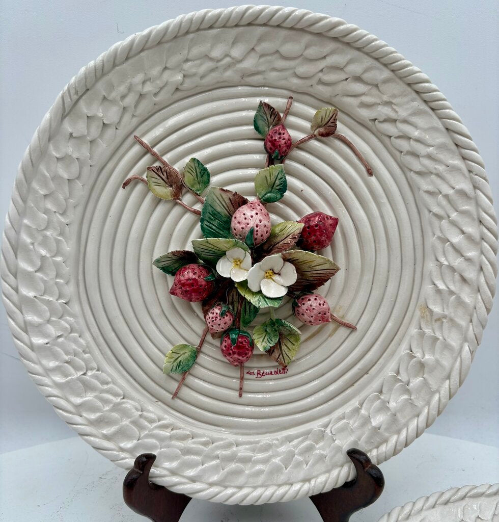 Italian La Luna Del Pozzo Studio Barbotine Majolica by Benedetti 1960's Hand Made Plate Set (3Pcs)