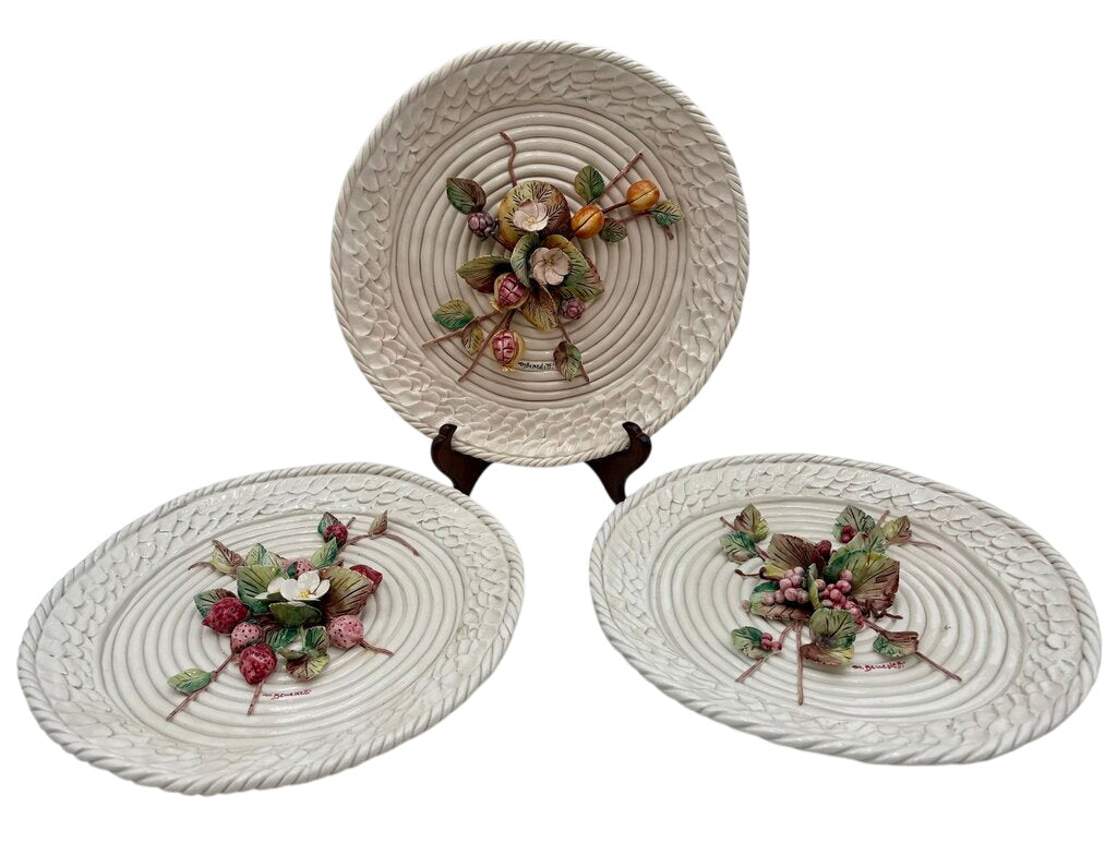 Italian La Luna Del Pozzo Studio Barbotine Majolica by Benedetti 1960's Hand Made Plate Set (3Pcs) by Miss Daisy's Consignment & Auction House