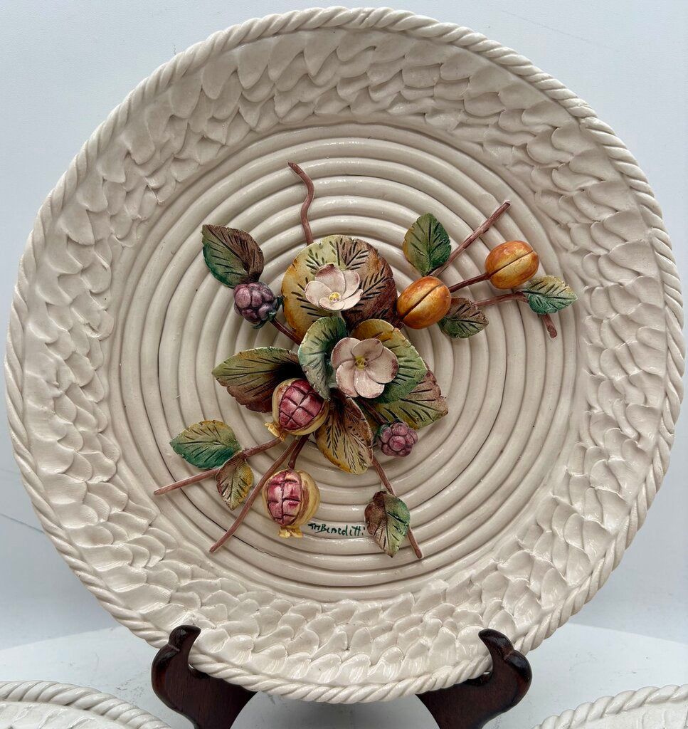 Italian La Luna Del Pozzo Studio Barbotine Majolica by Benedetti 1960's Hand Made Plate Set (3Pcs)