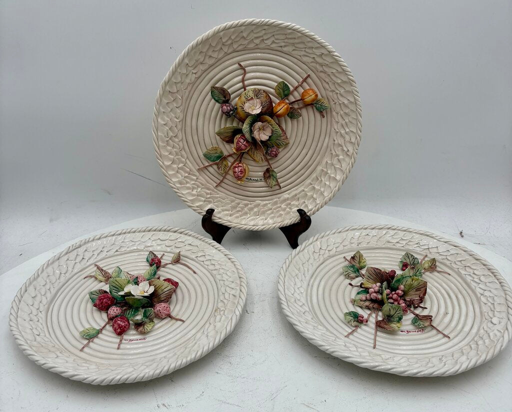 Italian La Luna Del Pozzo Studio Barbotine Majolica by Benedetti 1960's Hand Made Plate Set (3Pcs)