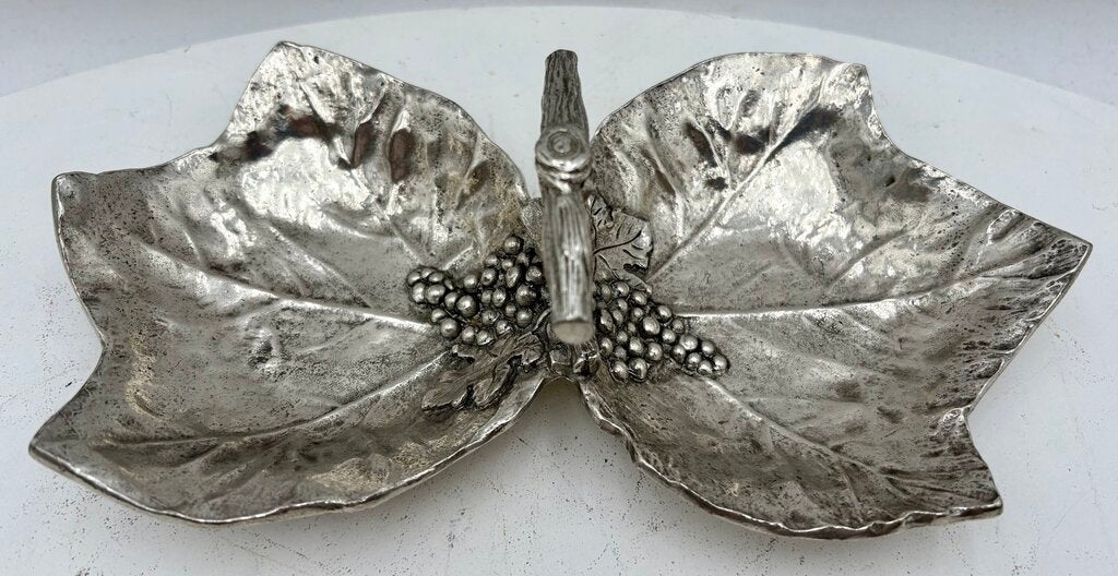 Italian Pewter Double Sided Grape Leaf Motif Handled Snack Dish