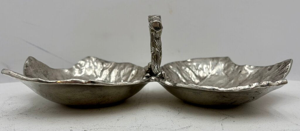 Italian Pewter Double Sided Grape Leaf Motif Handled Snack Dish