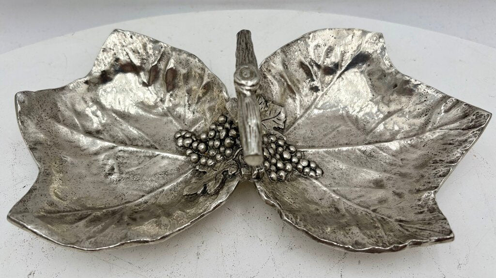 Italian Pewter Double Sided Grape Leaf Motif Handled Snack Dish