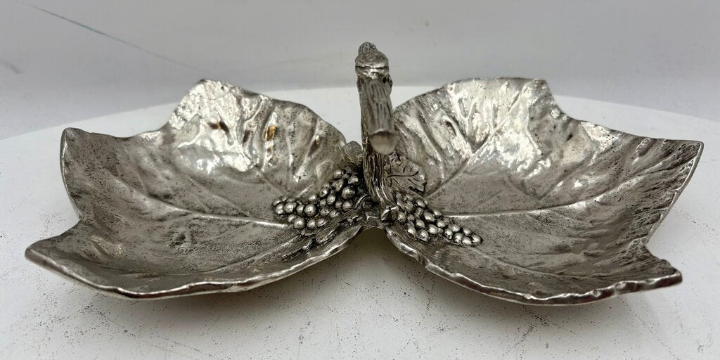 Italian Pewter Double Sided Grape Leaf Motif Handled Snack Dish