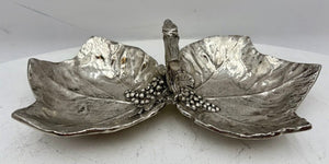 Italian Pewter Double Sided Grape Leaf Motif Handled Snack Dish